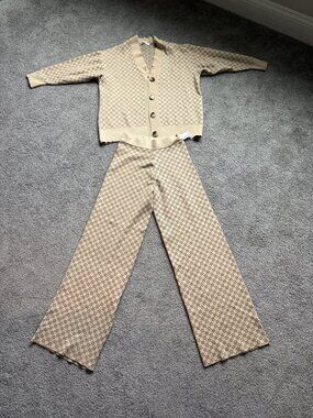 MNG (Mango) Knit Cardigan & Wide Leg Pants Tan Geometric 2-Piece Set size S